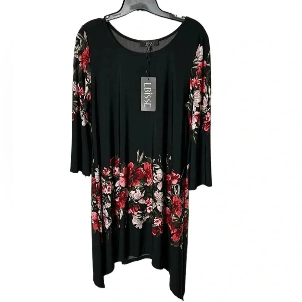 Lbisse NWT floral dress, XL. Hanky, cottagecore Black,red, 
Scoop,pullover,event